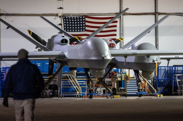 An MQ-9 Reaper drone with Customs and Border Protection (CBP) awaits the next mission over the US-Mexico border on November 4, 2022, at Fort Huachuca, Arizona.