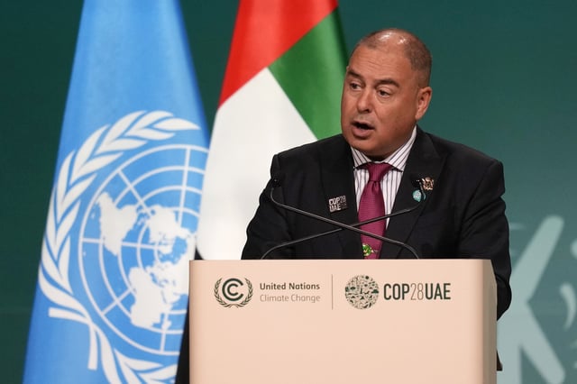FILE - Cook Islands Prime Minister Mark Brown speaks during a plenary session at the COP28 U.N. Climate Summit, on Dec. 2, 2023, in Dubai, United Arab Emirates. (AP Photo/Rafiq Maqbool, File)