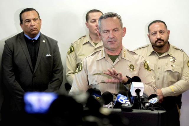 Riverside County Sheriff Chad Bianco provides update on the Perris triple homicide investigation during a news conference at the Riverside County Sheriff&#39;s Perris station on Tuesday, Feb. 18, 2020.