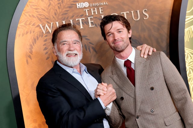Arnold and Patrick Schwarzenegger attend the Los Angeles Premiere of HBO series "The White Lotus" on February 10 in Los Angeles.