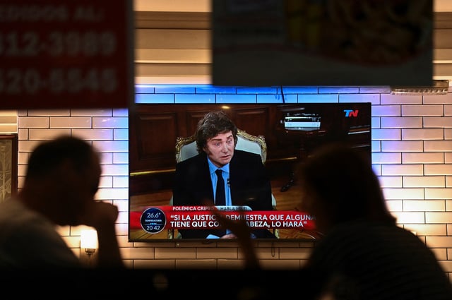 People sit in a restaurant as Argentina's President Javier Milei is seen on television during an interview, in Buenos Aires, Argentina, February 17, 2025. REUTERS/Pedro Lazaro Fernandez/File Photo