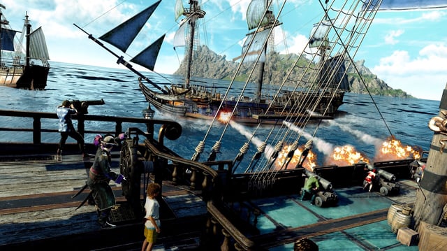 Two sail-powered ships at sea firing on each other with cannons in Like a Dragon: Pirate Yakuza
