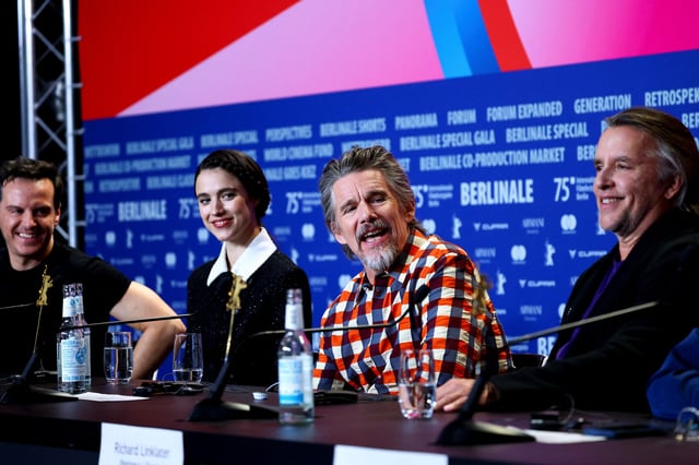 Director Richard Linklater, cast members Ethan Hawke, Andrew Scott and Margaret Qualley attend a press conference to promote the film 'Blue Moon' at the 75th Berlinale International Film Festival in Berlin, Germany February 18, 2025. REUTERS/Nadja Wohlleben