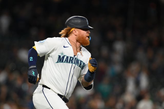 Sep 12, 2024; Seattle, Washington, USA; Seattle Mariners designated hitter Justin Turner (2) runs the bases after hitting a home run against the Texas Rangers during the fourth inning at T-Mobile Park. Mandatory Credit: Steven Bisig-Imagn Images/File Photo