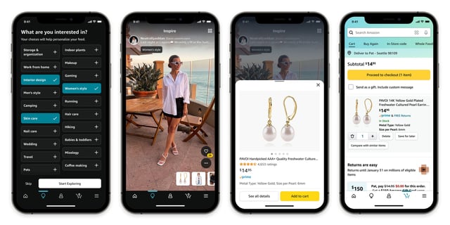 Amazon Inspire displayed on 4 smartphone screens