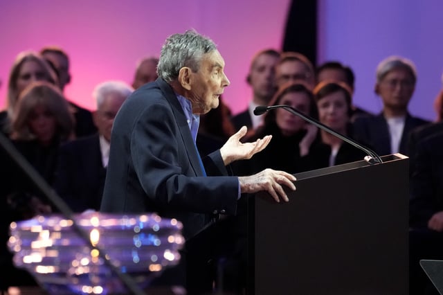 Holocaust survivor Marian Turski addresses guests at the Auschwitz-Birkenau former Nazi German concentration and extermination camp, during a ceremony marking the 80th anniversary of its liberation, in Oswiecim, Poland, Monday, Jan. 27. 2025. (AP Photo/Czarek Sokolowski)