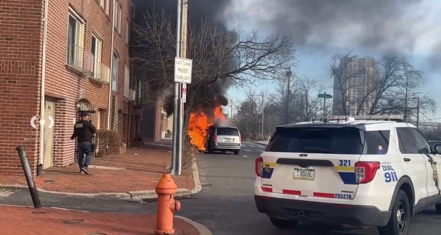 Footage shared on the Citizen App on Tuesday, February 18, 2025 showed a van belonging to U.S. Immigration and Customs Enforcement (ICE) on fire in Philadelphia.
