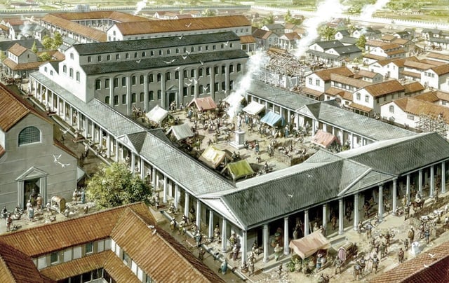 An example of activities taking place at the Leicester Roman forum, which would have had a similar shape to the first London forum.