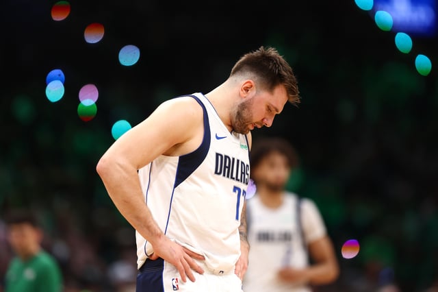 Luka Doncic #77 of the Dallas Mavericks reacts during the first quarter against the Boston Celtics in Game Two of the 2024 NBA Finals at TD Garden on June 09, 2024 in Boston, Massachusetts. The Mavs CEO adds he underestimated the fan reactions to Luka Doncic trade to the Lakers.