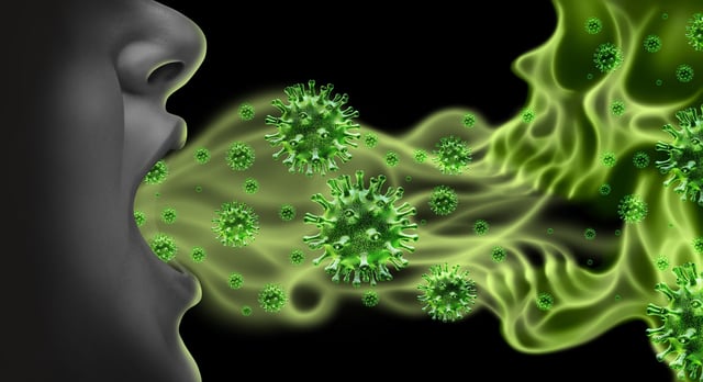 Coronavirus public health risk disease and flu outbreak or coronaviruses influenza background as dangerous viral strain case as a pandemic medical concept with dangerous cells as a 3D render