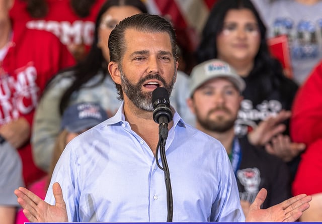 Donald Trump, Jr., son of former US President and Republican presidential candidate Donald Trump, speaks at a campaign rally in Sanford, North Carolina, on November 3, 2024.