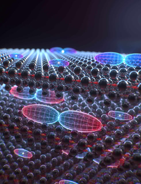 The illustration shows the layers of semiconductor crystal stacked together. Electron orbitals within the layers are represented as sitting atop them. The double-lobed orbitals indicate the locations of excited electrons while single ellipsoids show the ground state, where empty spaces called holes are left behind. Although similar orbitals might be expected running front to back, or in and out of the layers, the research team co-led by the University of Regensburg and University of Michigan showed why excited electrons are mainly funneled into one orientation of this orbital. Credit: Brad Baxley, Part to Whole. Copyright: For use reporting on this study, DOI: 10.1038/s41563-025-02120-1