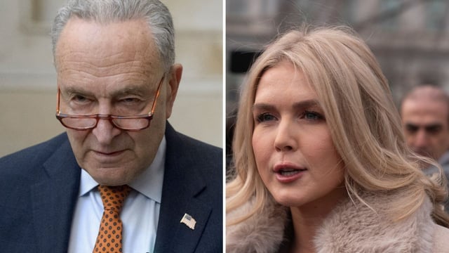 Karoline Leavitt rips Chuck Schumer for suggesting Trump is partly to blame for Delta crash (AP Photo/Rod Lamkey, Jr., AP Photo/Manuel Balce Ceneta)