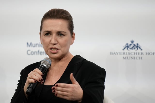 Denmark's Prime Minister Mette Frederiksen speaks as she participates in a panel discussion during the Munich Security Conference at the Bayerischer Hof Hotel in Munich, Germany, Saturday, Feb. 15, 2025. (AP Photo/Matthias Schrader)