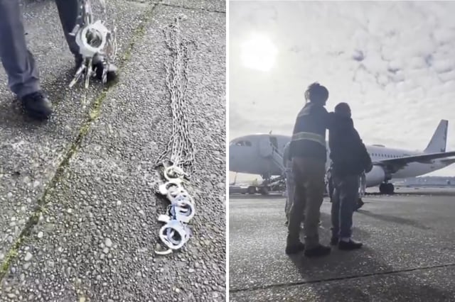 The White House shared a video of immigrants being chained up before boarding a deportation flight in Seattle on Tuesday, February 18, 2025.