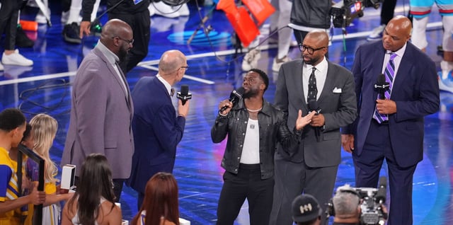 Feb 16, 2025; San Francisco, CA, USA; Kevin Hart talks with Ernie Johnson, Jr. after the 2025 NBA All Star Game at Chase Center. Mandatory Credit: Cary Edmondson-Imagn Images