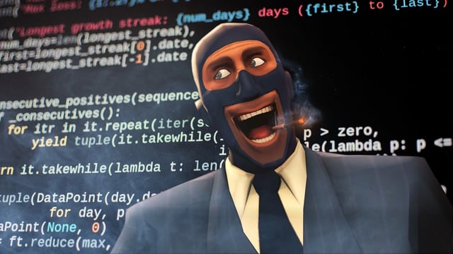 The Spy, from Team Fortress 2, having a French cigarette in front of a projection of code.