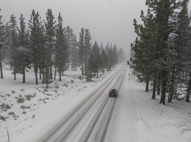 A file photo of a car heading towards Luther Pass outside of South Lake Tahoe.