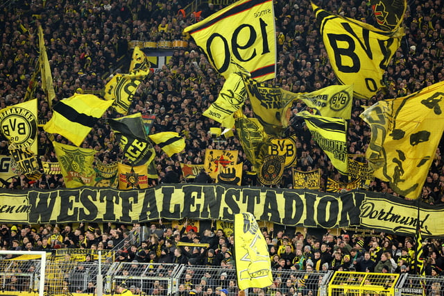Soccer Football - Champions League - Knockout Phase Playoff - Second Leg - Borussia Dortmund v Sporting CP - Signal Iduna Park, Dortmund, Germany - February 19, 2025 Borussia Dortmund fans in the stands before the match REUTERS/Wolfgang Rattay