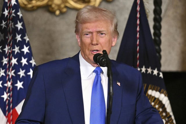 President Donald Trump speaks at Mar-a-Lago in Palm Beach, Fla., Tuesday, Feb. 18, 2025.