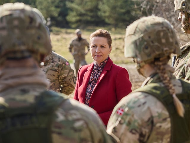 Danish Prime Minister Mette Frederiksen meets conscripts during a visit to Air Base Karup, the main air base of the Royal Danish Air Force, in Jutland, Denmark on March 7, 2024. (Photo by Mikkel Berg Pedersen / Ritzau Scanpix / AFP) / Denmark OUT (Photo by MIKKEL BERG PEDERSEN/Ritzau Scanpix/AFP via Getty Images)