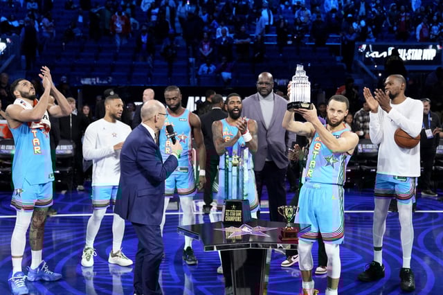Feb 16, 2025; San Francisco, CA, USA; Shaq’s OGs guard Stephen Curry (30) of the Golden State Warriors celebrates with the MVP trophy after defeating Chuck’s Global Stars during the 2025 NBA All Star Game at Chase Center. Mandatory Credit: Kyle Terada-Imagn Images/File Photo
