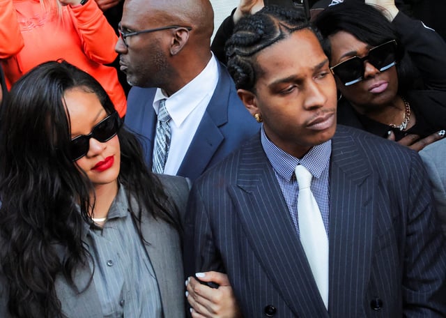 Following A$AP Rocky's acquittal in his criminal trial Tuesday, several celebrities are celebrating the rapper's legal victory, including his longtime partner Rihanna, left.