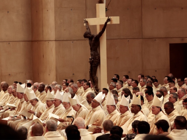 Priest fill the Cathedral of Our Lady of the Angels as Archbishop José H. Gomez presided over the ordination of four new auxiliary bishops for the Archdiocese of Los Angeles on Tuesday, September 26 at the Cathedral of Our Lady of the Angels. (Allen J. Schaben / Los Angeles Times via Getty Images)