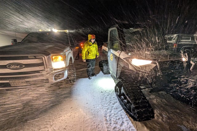 Emergency personnel work near Snowmobile Trail 8 near Trail 88 (Happy Valley Area) in Oregon, on Feb 19, 2025.