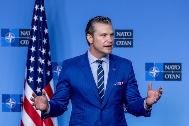 US Secretary of Defense Pete Hegseth is seen speaking during a joint press conference during the NATO Defense Ministers&#39; meeting on February 13, 2025, in Brussels, Belgium.  (Photo by Omar Havana/Getty Images)
