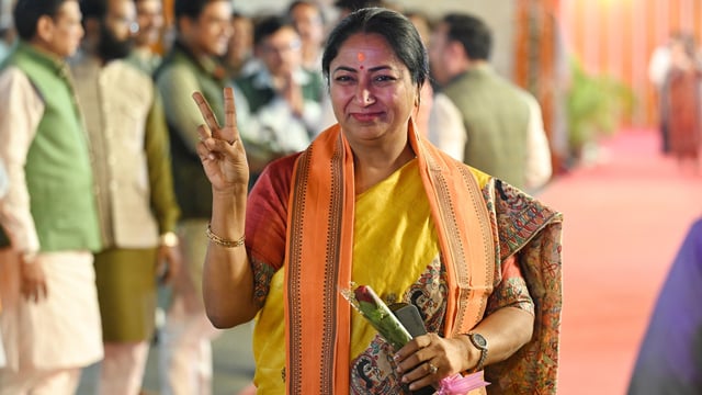 Delhi CM-designate Rekha Gupta at the BJP HQ in Delhi on Wednesday. (Sanchit Khanna/ HT Photo)