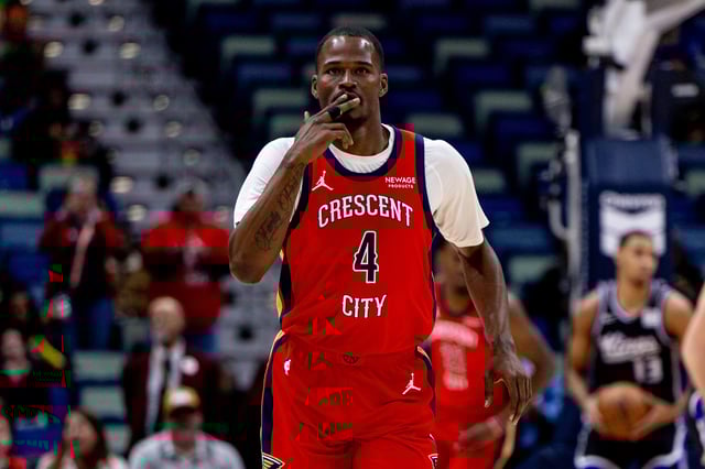 Feb 13, 2025; New Orleans, Louisiana, USA;  New Orleans Pelicans guard Javonte Green (4) reacts to making a three point basket against the Sacramento Kings during the first half at Smoothie King Center. Mandatory Credit: Stephen Lew-Imagn Images/File Photo