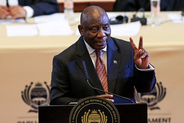 South African President Cyril Ramaphosa gestures as he delivers his 2025 State of the Nation Address in Cape Town, South Africa, February 6, 2025. REUTERS/Esa Alexander/File Photo