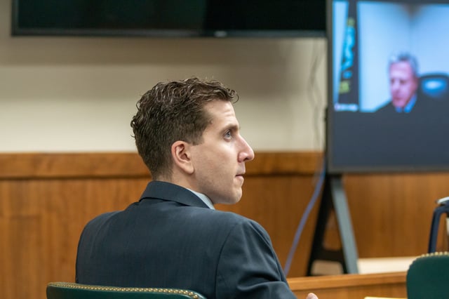 Bryan Kohberger listens to arguments during a hearing to overturn his grand jury indictment on October 26, 2023 in Moscow, Idaho.