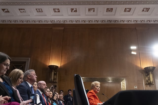 Linda McMahon, President Donald Trump's nominee for Secretary of Education, speaks during a hearing of the Health, Education, and Labor Committee on her nomination, Thursday, Feb. 13, 2025, in Washington. (AP Photo/Jacquelyn Martin)