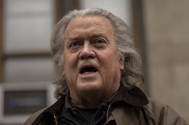 Steve Bannon speaks to the media outside a court in New York, Tuesday, Feb. 11, 2025.