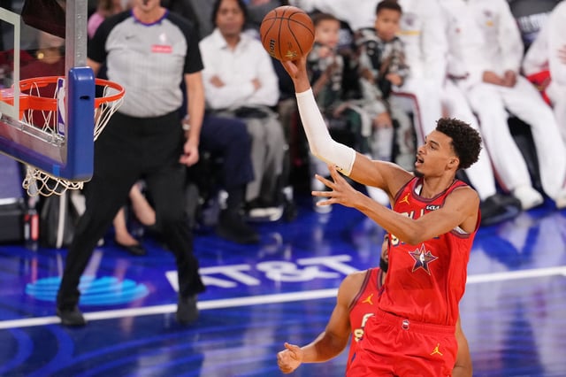 Feb 16, 2025; San Francisco, CA, USA; Chuck’s Global Stars forward Victor Wembanyama (1) of the San Antonio Spurs shoots the ball against Shaq’s OGsduring the 2025 NBA All Star Game at Chase Center. Mandatory Credit: Cary Edmondson-Imagn Images/File Photo