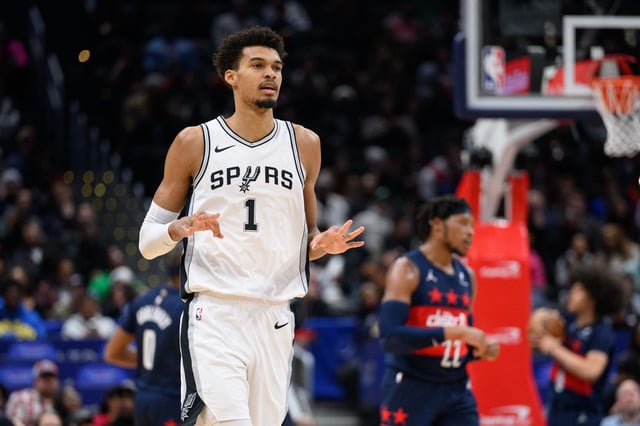 San Antonio Spurs center Victor Wembanyama (1) reacts during a game against the Washington Wizards on Feb. 10, 2025.