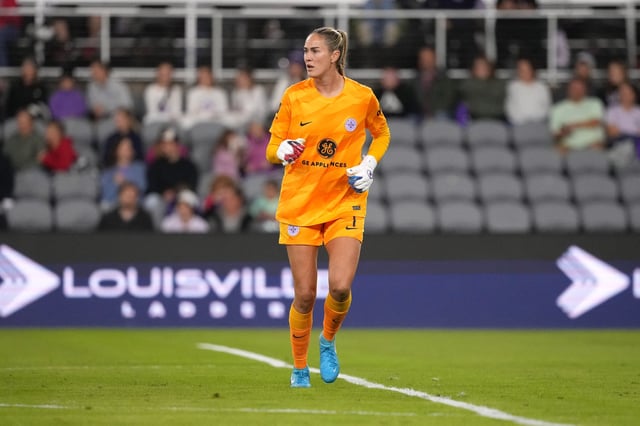 Oct 19, 2024; Louisville, Kentucky, USA;  Racing Louisville FC goalkeeper Katie Lund (1) looks on in the first half against Portland Thorns FC at Lynn Family Stadium. Mandatory Credit: Kareem Elgazzar-Imagn Images/File Photo