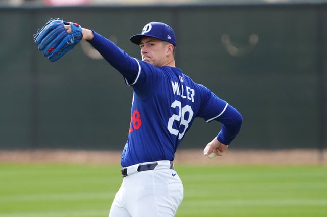 Feb 13, 2025; Glendale, AZ, USA; Los Angeles Dodgers pitcher Bobby Miller (28) during a Spring Training workout at Camelback Ranch Mandatory Credit: Joe Camporeale-Imagn Images/File Photo
