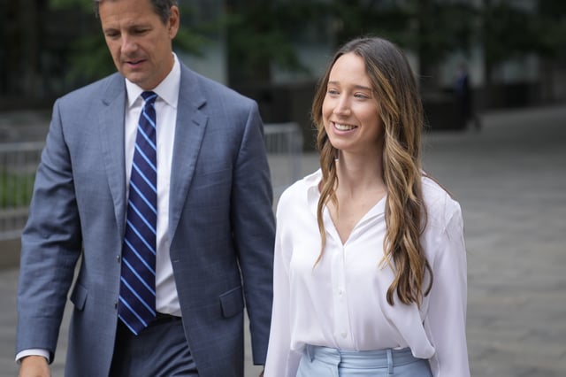 FILE - Charlie Javice leaves Federal Court, Aug. 23, 2023, in New York. (AP Photo/John Minchillo)