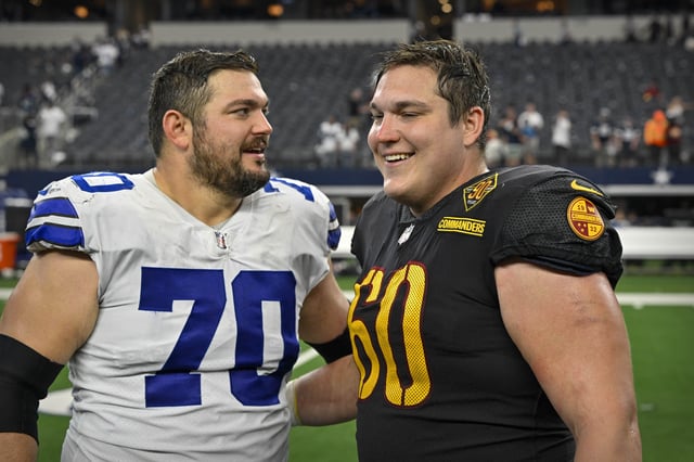 Oct 2, 2022; Arlington, Texas, USA; Dallas Cowboys guard Zack Martin (70) talks with his brother Washington Commanders center Nick Martin (60) after the game at AT&T Stadium. Mandatory Credit: Jerome Miron-USA TODAY Sports/File Photo