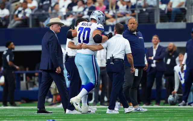 Sep 15, 2024; Arlington, Texas, USA; Dallas Cowboys guard Zack Martin (70) walsk off injured during the second half against the New Orleans Saints at AT&T Stadium. Mandatory Credit: Kevin Jairaj-Imagn Images/File Photo