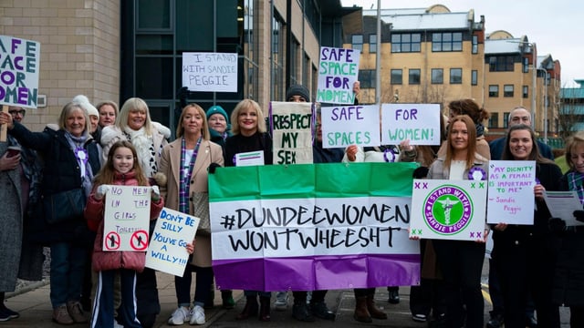 Supporters of Sandie Peggie outside the ongoing employment tribunal in Dundee brought by the nurse after she had to share a female changing room with a transgender doctor