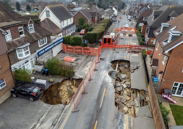 An aerial photograph shows sinkhole in the road in Godstone (Photo: Carl Court/Getty)