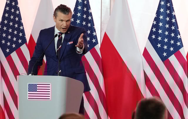 US Defense Secretary Pete Hegseth during press conference at the Polish Ministry of Defense headquarters in Warsaw, Poland, Friday, Feb. 14, 2025.