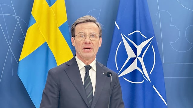 Sweden's Prime Minister Ulf Kristersson, shown in the capital Stockholm, on February 19, said he is being briefed on an investigation into a possible breach of an undersea cable in the Baltic Sea.