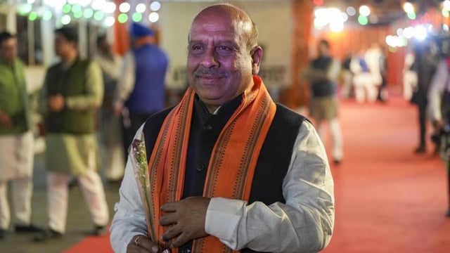 Delhi BJP MLA Vijender Gupta at the party office on Wednesday. (PTI Photo)