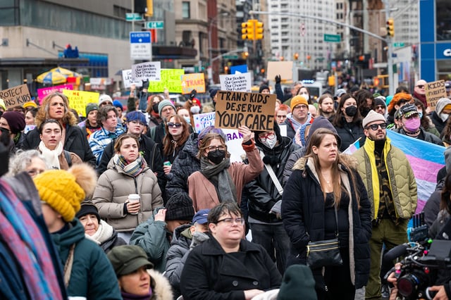 People attend a rally supporting transgender youth on February 8, 2025, in New York City.