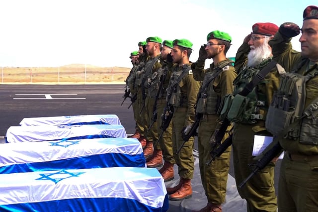 Des soldats israéliens saluent les cercueils des otages décédés Oded Lifschitz et les deux enfants Kfir et Ariel Bibas, le 20 février 2025.